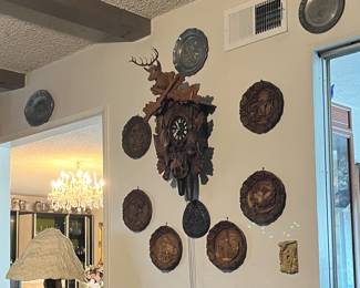 Carved wood plates from Germany
Large hunting themed cuckoo clock
