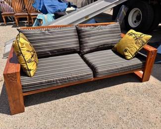 $1200  Stickley Mission style hand carved teak, silk upholstery sofa 79.5 x 36.25 x 30.5