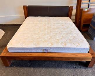 $1200  Low rise teak framed bed with leather headboard  81 x 89 (71 x 79 interior)