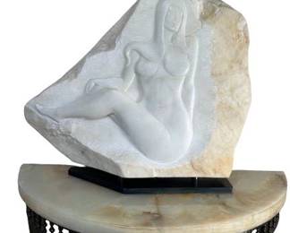 $400. Modern Sculpture Female Figure White Marble On Iron Base- Bela Bacsi
