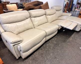 $1,200  White leather 4-piece sectional, raised foot rest 148 x 36 (chaise 63) x 40