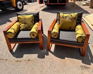 $800 ea  Stickley Mission style hand carved teak, silk upholstery armchairs 31.5 x 34 x 29.5