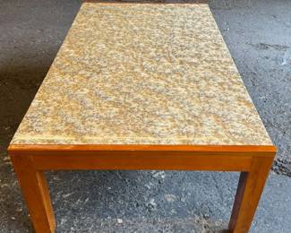$1200 Exceptional travertine with teak coffee table 57 x 31.5 x 18