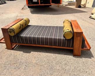 $1100  Stickley Mission style hand carved teak, silk upholstery sofa 80 x 28 x 22