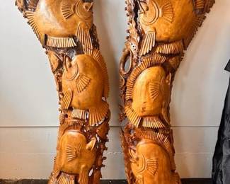 $2,000 pair wood carving- fish motif 28 x 9 x 75