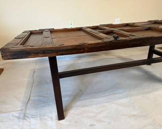 $400, Antique Asian Door With Brass Accents Customized As A Coffee Table, 58 x 29 x 15
