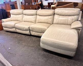 $1,200  White leather 4-piece sectional, raised foot rest 148 x 36 (chaise 63) x 40