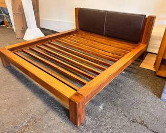 $1200  Low rise teak framed bed with leather headboard  81 x 89 (71 x 79 interior)