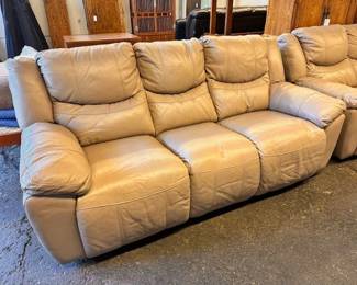$525 Taupe leather 3-seat, raise legs  84 x 40 x 36