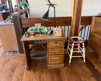 Child’s desk, antique toys, OSU stool