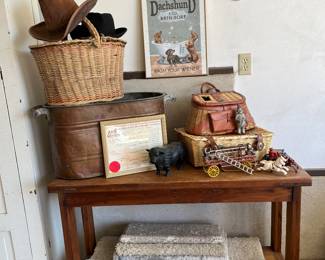 Handmade table, copper pot, baskets, hats, rugs, cast iron banks and toys