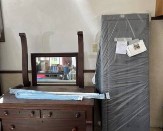 Antique dresser with mirror,
Queen size upholstered bed- new in package