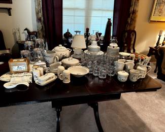 drop leaf table, stone ware- (canisters sold)