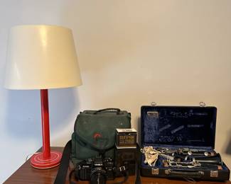 Vintage lamp with plastic shade, Minolta X-700 35mm manual Camera + case, Clarinet (student) + case,