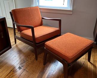 MCM walnut chair with ottoman