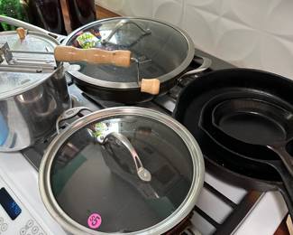 lots of kitchenware - Calphalon pans, vintage cast iron