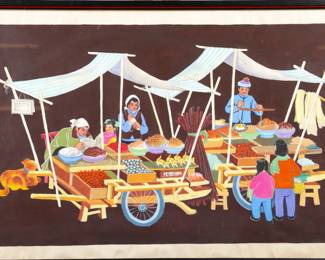 Chinese market scene tempera on paper