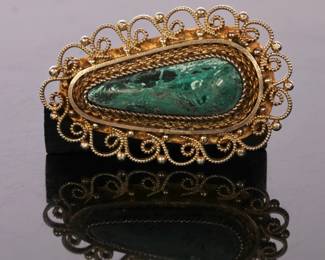 Malachite brooch set in gold over sterling filigree