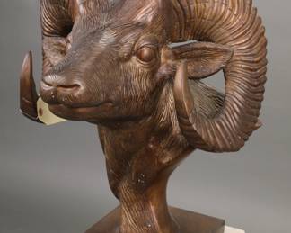 Large (2 ft) bronze ram's head sculpture on pedestal