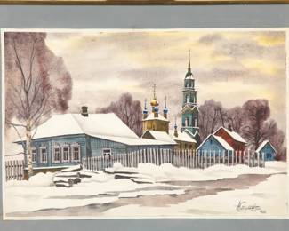 Russian winterscape watercolor painting
