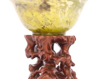 Carved Jade bowl on wooden stand