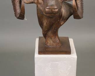 Large (2 ft) bronze ram's head sculpture on pedestal