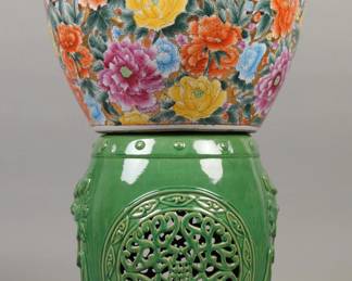 Large Japanese porcelain painted coy fish bowl on garden stool base