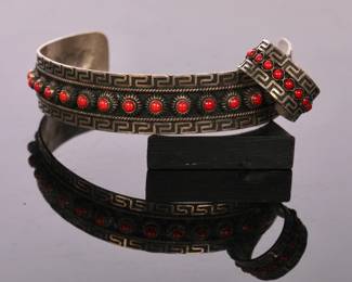 Native American sterling silver & coral cuff bracelet & matching ring