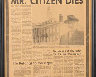 Harry Truman death- framed newspaper