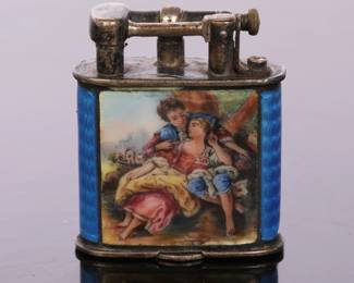 Antique French guilloché enamel & painted porcelain lighter