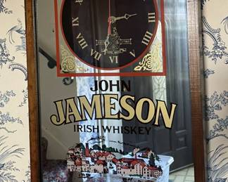 Rare John Jameson Irish Whiskey framed mirror advertising wall clock sign.