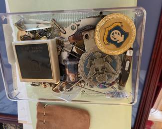 Assorted military pins, buttons, badges, stickers and more!