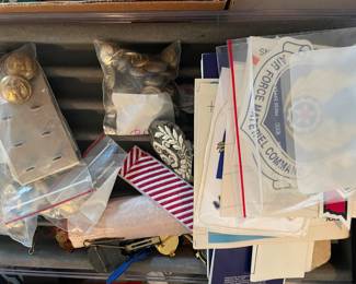 Assorted military pins, buttons, badges, stickers and more!