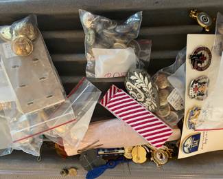 Assorted military pins, buttons, badges, stickers and more!