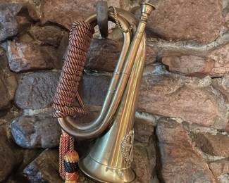 Vintage pre WWII British artillery brass bugle with rope and tassles.