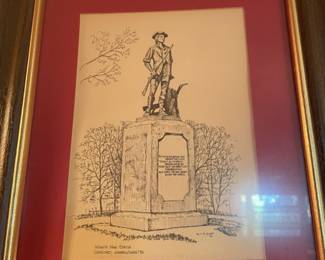 Vintage R E Kennedy signed art print "Minute Man Statue," Concord, MA.