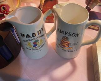 Jameson Irish Whiskey ceramic pitcher and Paddy Old Irish Whiskey pottery Cork Ireland pitcher.