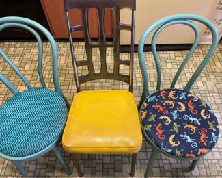 Pair of Bentwood Chairs with updated upholstery and a pair of vintage Stoneville Furniture Brutalist dining chairs.