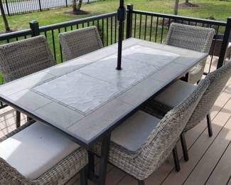 80 X42 Patio Table, 6 Chairs, 6 Umbrella W Lights