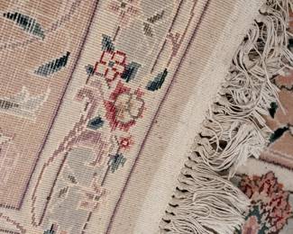 Persian Tabriz 9' x 12' is cream, celadon green, and ruby purchased at the Rugmart at the Williamsburg Pottery Factory, in dining room