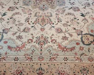 Persian Tabriz 9' x 12' is cream, celadon green and ruby, purchased at the Rugmart at the Williamsburg Pottery Factory, in dining room area