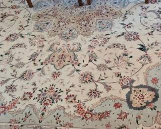 Persian Tabriz 9' x 12' is cream, celadon green, and ruby purchased at the Rugmart at the Williamsburg Pottery Factory, in dining room