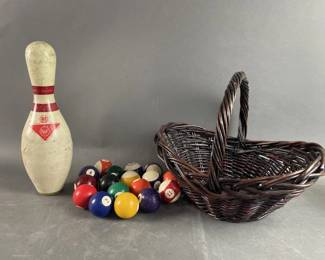 Lot 89 | Pool Balls, Basket, and Bowling Pin
