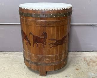 Lot 435 | Large Asian Drum with Horse Carvings
