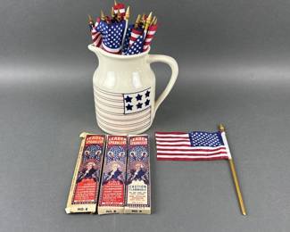 Lot 190 | Vtg 1990 US Flag Pitcher, Sparklers, & Flags
