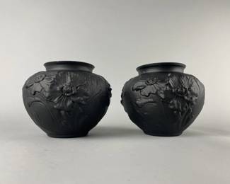 Lot 101 | Vtg Tiffin Black Satin Poppy Vase Pair
