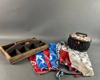 Lot 164 | Vintage Aprons, Wood Organizer & Sewing Box
