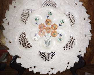 A Finely Crafted "Taj Mahal" Finest White Marble, Carved and Incised and Inlaid, Cabinet Platter or Plate, Very Rare at this level of Complexity and Craftsmanship, 