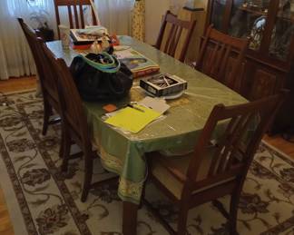 An Excellent and Sturdy MCM Dining Room Set: Table, 6 Chairs, and China Closet,  plus An Area Rug, 