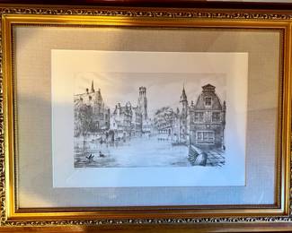 Framed limited edition lithograph of Brugges numbered and signed by Guilini C. Rik Axe (#21/300)